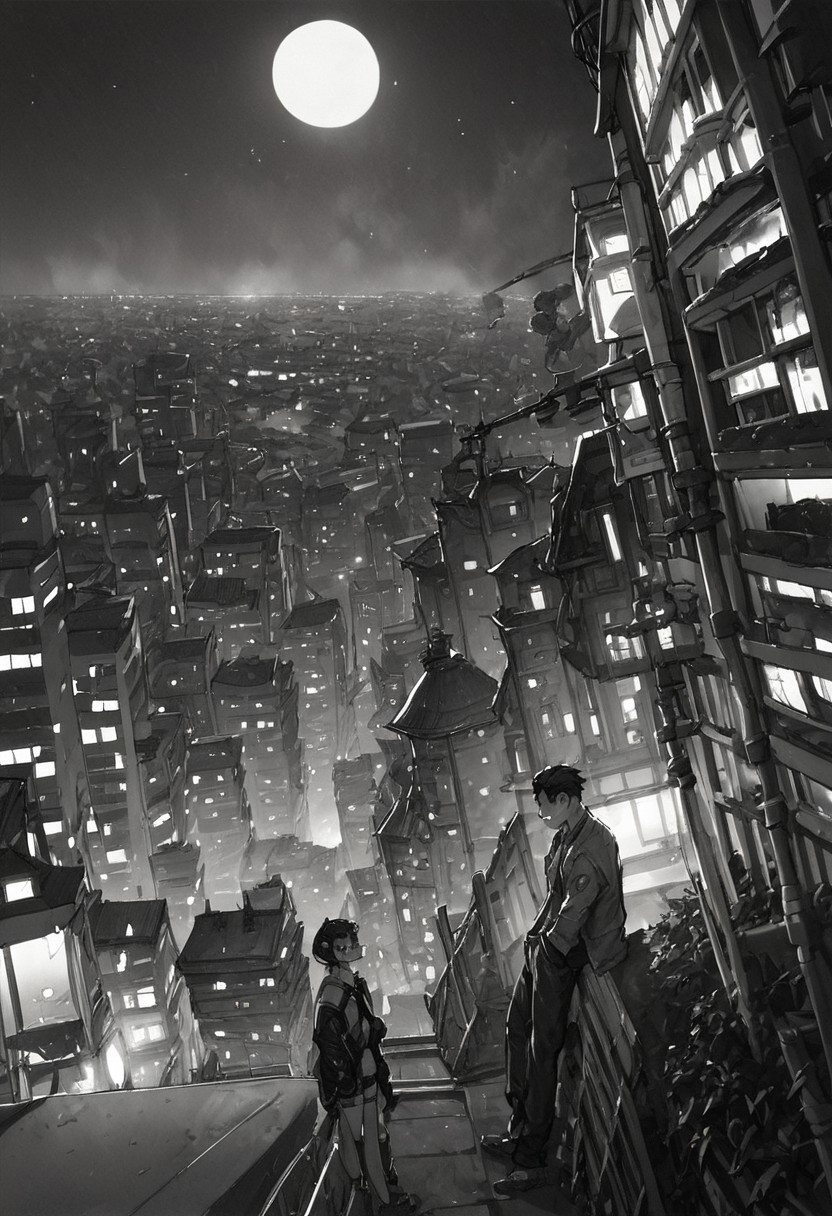 rinotuna, score_9, score_8_up, score_7_up, score_6_up, 1girl, m4ng4, manga, monochrome, greyscale, night, city, comic,