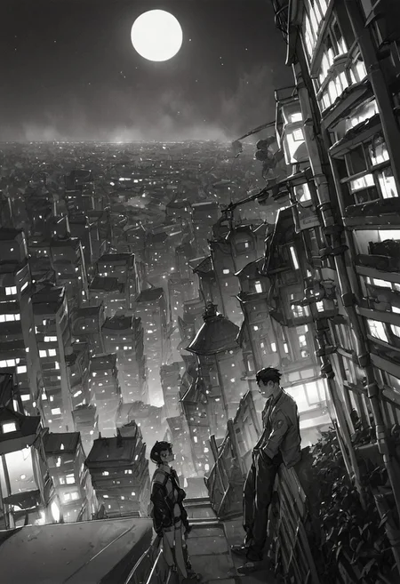 rinotuna, score_9, score_8_up, score_7_up, score_6_up, 1girl, m4ng4, manga, monochrome, greyscale, night, city, comic,
