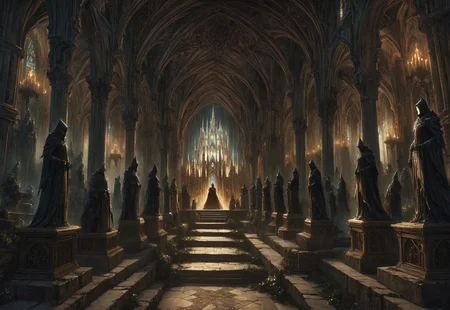 1other, indoors, balcony, window, stained glass, tower, stairs, multiple others, ambiguous gender, fantasy, architecture, altar, standing, weapon, multiple boys, arches, flying buttresses, (low-angle high-angle shot of a grand hall capturing the castle's grandeur:1.2).
The castle is decorated with antique furniture and statues. Two hooded acolytes, dressed in dark clothing, are performing a dark ritual at an altar. A disturbing and ominous scene inside a gothic castle., The illustration captures a sense of mystery and intrigue.,
crepuscular rays, volumetric lighting, soft shadows, backlighting, light bloom, (deep glow effect:1.3),
anime artwork, anime style, studio anime, realistic, hyperrealism,
highly detailed, masterpiece, best quality, very aesthetic, absurdres, cinematic lighting,
DonM3t3rn1tyXL, Bloodborne, artchlr, DonMG414XL, otclillsn,