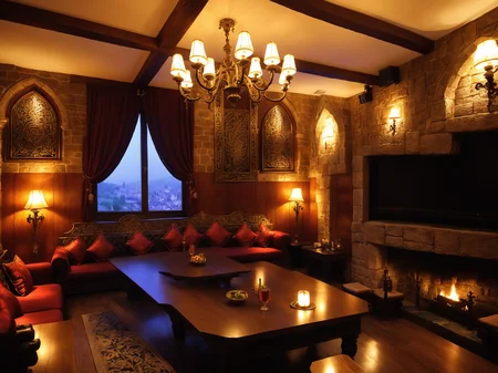 ktv,<lora:ktv_XL:0.6>,table,couch,lamp,candlestand,cup,food,led screen,
stone walls,medieval armor and shield decorations,fireplaces and tapestries.,
An atmosphere that is ancient and solemn,with the ambiance of a medieval European noble banquet.,
A style typical of a medieval castle,integrating Gothic and Romanesque architectural elements.,
Large wooden furniture,carved wooden beams,and ancient oil paintings and fireplaces.,
Warm light from torches and candles,with dim windows,creating a sense of mystery.,
