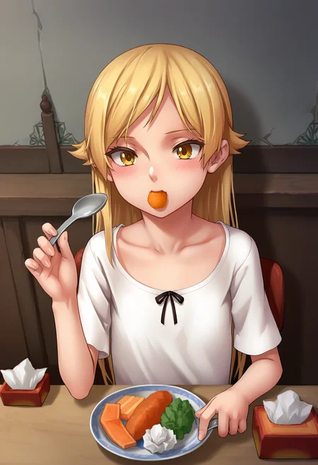 score_9, best quality, masterpiece, uncensored, source_anime
BREAK
1girl, oshino shinobu, yellow eyes, white dress, long hair, blonde hair, blush, collarbone, eating, electric fan, female focus, food, holding, holding spoon, indoors, plate, rice, sitting, solo, spoon, table, tissue box
<lora:as109_pony_v3:1>