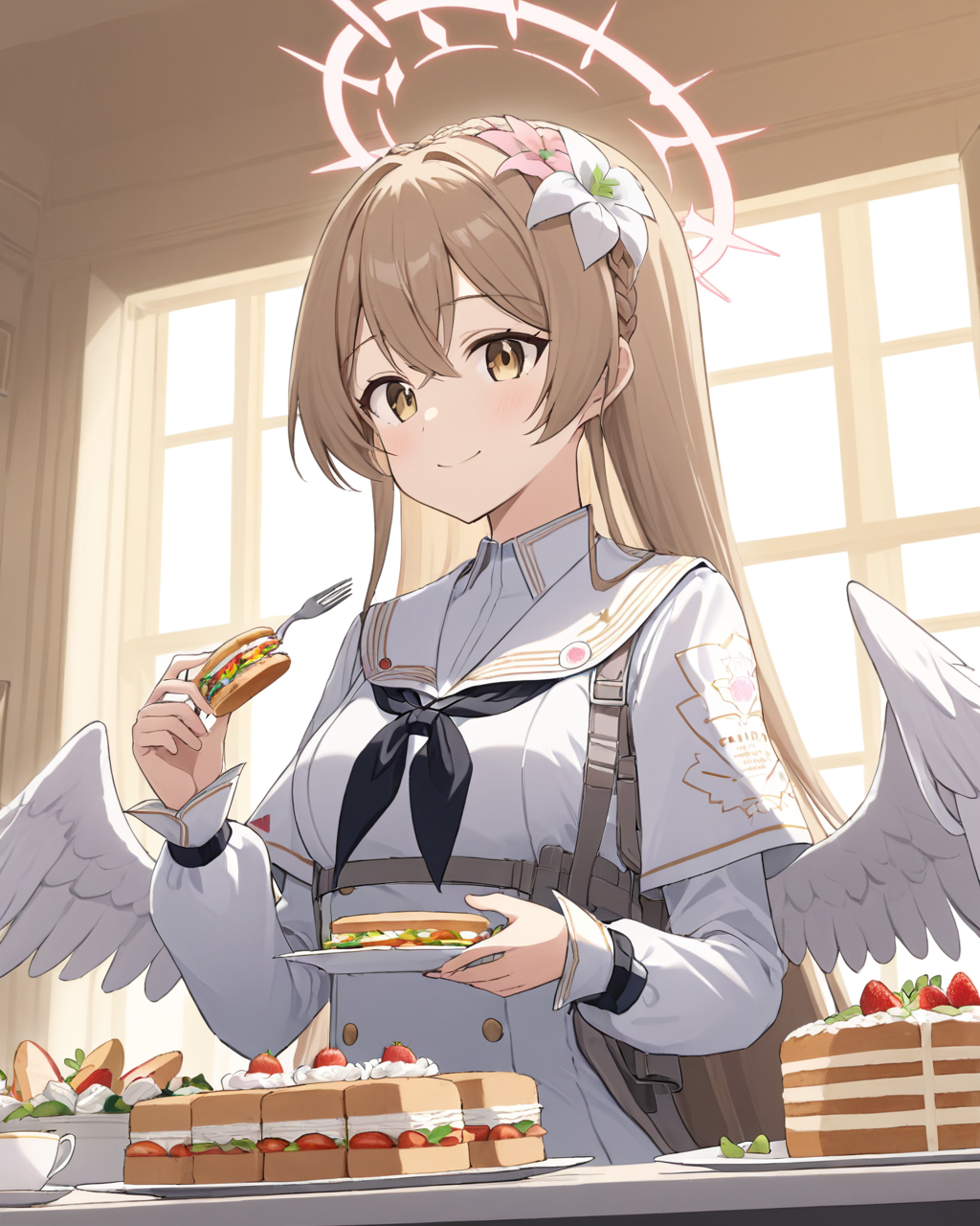 nagisa \(blue archive\), halo, hair_flower, 1girl, teacup, white_dress, black_neckerchief, long_sleeves, holding, sandwich, braid, cake, fork, solo, handgun, table, tiered_tray, closed_mouth, feathered_wings, smile, plate, angel_wings, holster, sailor_collar, indoors
<lora:nagisa_(blue_archive)_image577_2023-11-28-000015:1>halo. gorgeous,key visual, vibrant, studio anime,award-winning, professional, highly detailed,high budget, cinemascope