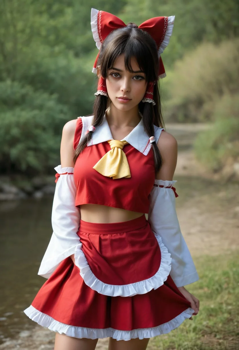ultra high res, (photorealistic), raw photo, 8k, detailed eyes,
hakurei_reimu, detached sleeves, hair bow, red bow, ascot, hair tubes, skirt, frills, red skirt, yellow ascot, wide sleeves, frilled bow, red shirt, frilled skirt, ribbon-trimmed sleeves, frilled shirt collar, bare shoulders, red vest, petticoat, nontraditional miko, mini skirt,
standing, Slender, shiny skin,
sweat, look up, head tilt,