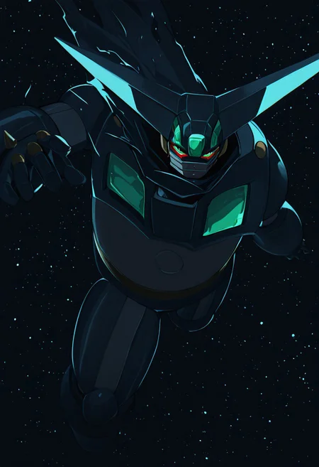 score_9, score_8_up, score_7_up, score_6_up, score_5_up, score_4_up, 4k quality, detailed, 1boy, solo, (black getter, super robot, mecha), best quality, masterpiece, floating in outer space