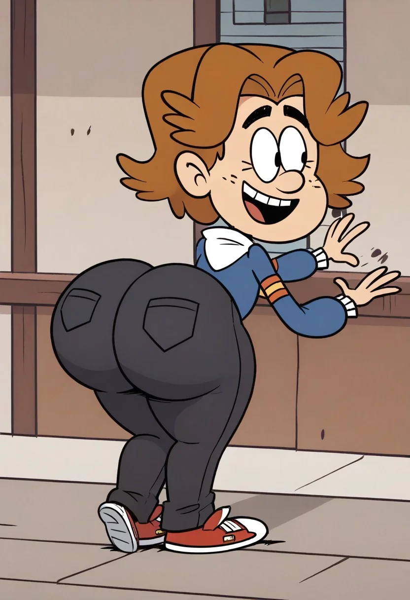 (score_9 | score_8_up | score_7_up) ((masterpiece:1))(best quality,very high quality,ultra detailed:1.2) (2D,cartoon style,anime style)(Smooth:2)(clean blurring) (four fingers on each hand,one thumb on each hand:1), Henrik, solo, 1boy, curly hair, light brown hair, thick eyebrows, freckles, round nose, blue sweater with orange and yellow arm stripes, dark gray pants, red sneakers, full body, SB99 style, butt, mega butt, HUGE Butt, joyfull, happy, glee