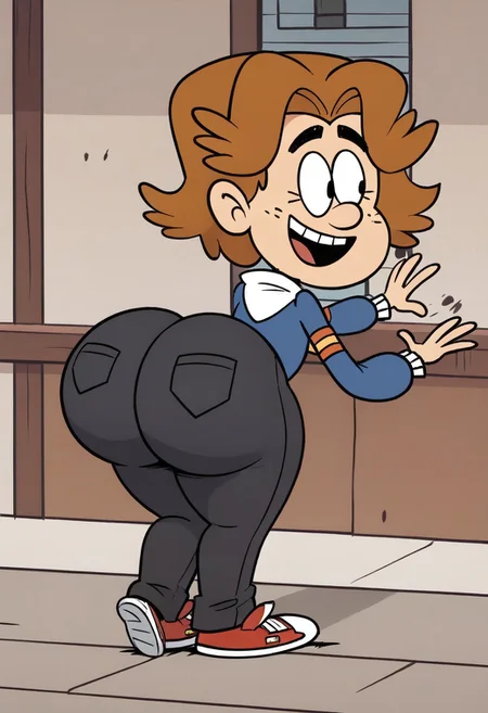 (score_9 | score_8_up | score_7_up) ((masterpiece:1))(best quality,very high quality,ultra detailed:1.2) (2D,cartoon style,anime style)(Smooth:2)(clean blurring) (four fingers on each hand,one thumb on each hand:1), Henrik, solo, 1boy, curly hair, light brown hair, thick eyebrows, freckles, round nose, blue sweater with orange and yellow arm stripes, dark gray pants, red sneakers, full body, SB99 style, butt, mega butt, HUGE Butt, joyfull, happy, glee