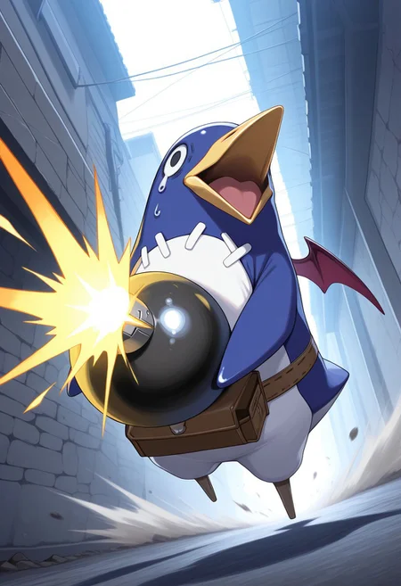 masterpiece, best quality, amazing quality, standing,
solo, no_humans, prinny, holding bomb, lit fuse, scared running, dynamic angle, open mouth