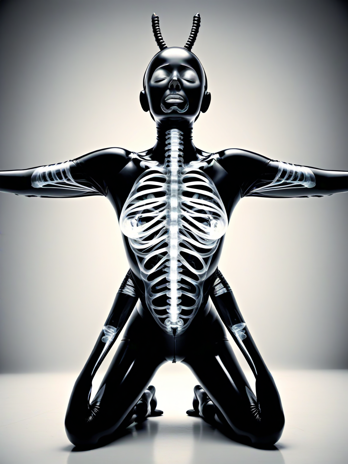 woman arms behind head, body leaning forward slightly, legs crossed, thoughtful and relaxed body language, wearing rubber gimp suit, grotesque, abstract, x-ray art, <lora:DeconDada-000008:0.8>