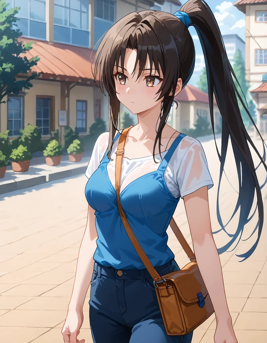 score_9, score_8_up, score_7_up, source_anime, <lora:add-detail-xl:1>, good anatomy, masterpiece, amazing quality, ultra detailed, good hand
BREAK 1girl, casual, walking, <lora:pai-sura:0.7> pai-sura, breasts emphasis, slant bag, bag strap passing between breasts,
BREAK <lora:rin-kujou-darkness-ponyxl-lora-nochekaiser:0.9> rin kujou, long hair, black hair, brown eyes, ponytail, parted bangs, sidelocks, hair intakes, medium breasts,