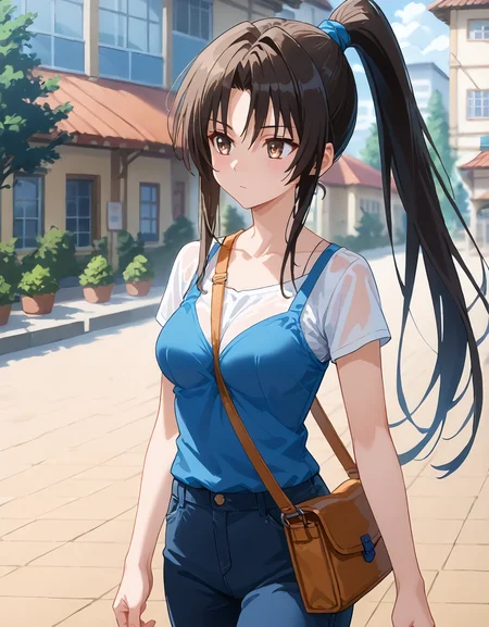 score_9, score_8_up, score_7_up, source_anime, <lora:add-detail-xl:1>, good anatomy, masterpiece, amazing quality, ultra detailed, good hand
BREAK 1girl, casual, walking, <lora:pai-sura:0.7> pai-sura, breasts emphasis, slant bag, bag strap passing between breasts,
BREAK <lora:rin-kujou-darkness-ponyxl-lora-nochekaiser:0.9> rin kujou, long hair, black hair, brown eyes, ponytail, parted bangs, sidelocks, hair intakes, medium breasts,