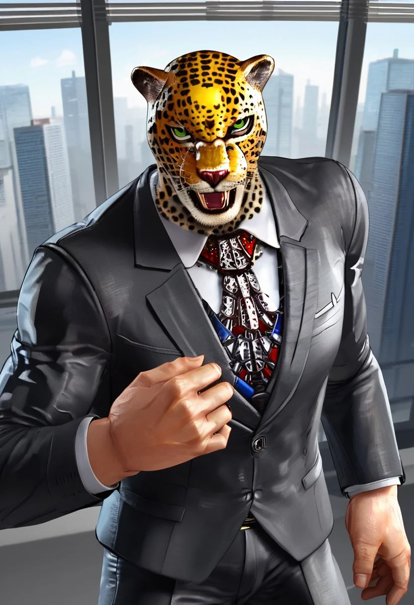 king_tekken, smooth anime image, man, jaguar mask, green eyes, King from Tekken, wearing formal suit and necktie, in office building with view of city from window