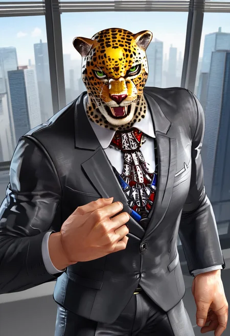 king_tekken, smooth anime image, man, jaguar mask, green eyes, King from Tekken, wearing formal suit and necktie, in office building with view of city from window
