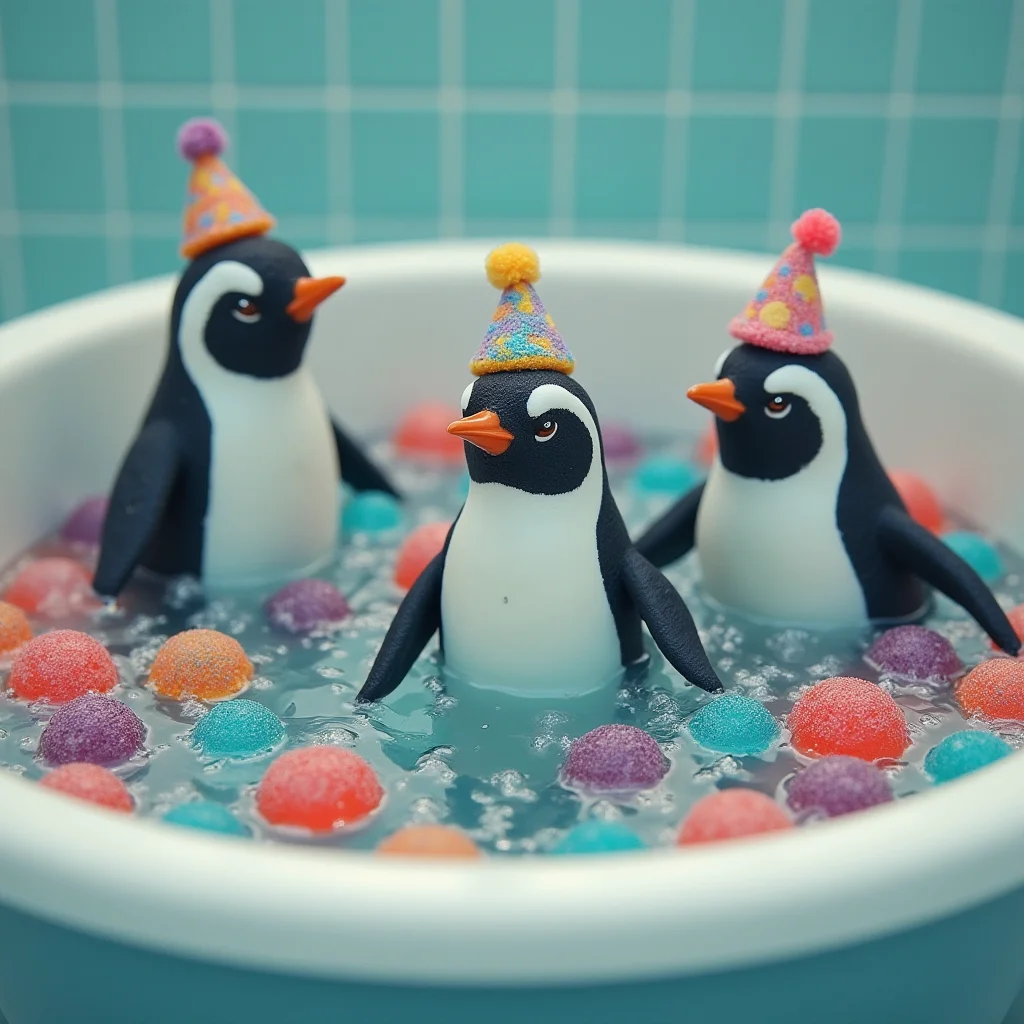 Create a picture of a group of penguins having a pool party in a bathtub filled with colorful Jell-O, photo realistic, 4k