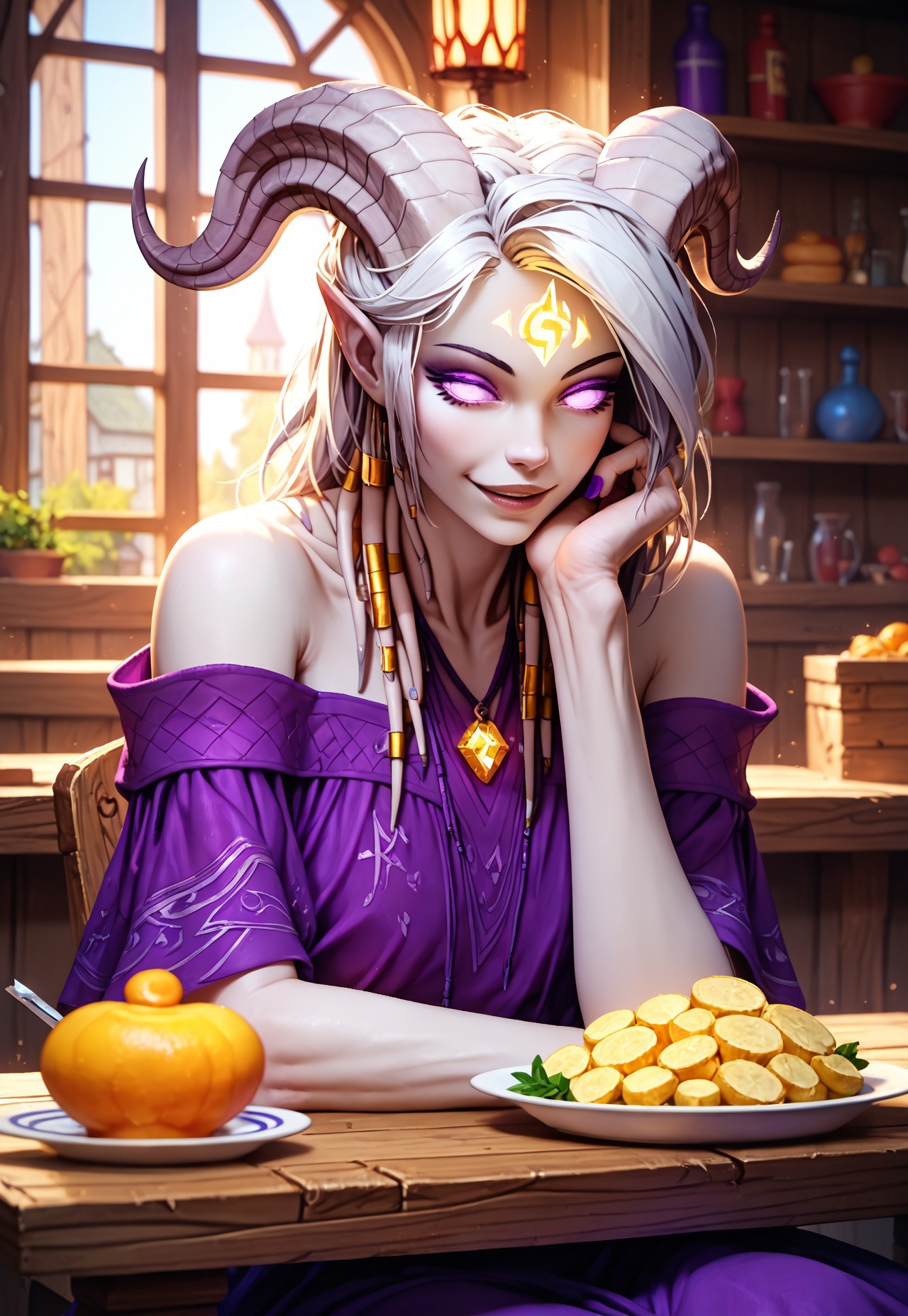 (absurdres, best quality, masterpiece:1.4), score_9, score_8_up, score_7_up, score_6_up, detailed, detailed body, detailed face, world of warcraft, fantasy, <lora:add-detail-xl:1.5>, 

fFaceDetail, ((female, draenei, tall, athletic arms, pale white skin, long white hair, purple eyes, long white tail), (h0rns, ram horns, white horns), 
(long fingers, purple fingernails, purple nail polish)), 

full body, close up, looking toward viewer, soft smile, sitting on chair, sat next to table, 

(long loose purple dress, purple silk scarf, tail under dress, simple armlet, small yellow gem pendant), 

depth of field, in front of wooden building, wooden village, food and drink on table, sunshine