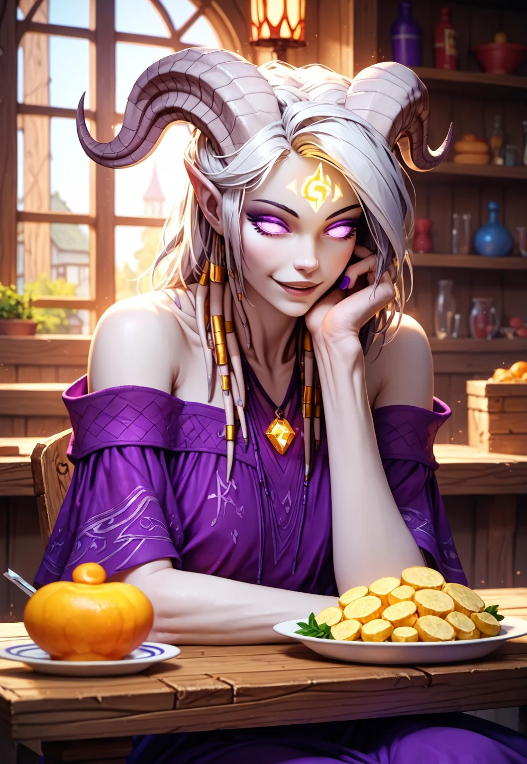 (absurdres, best quality, masterpiece:1.4), score_9, score_8_up, score_7_up, score_6_up, detailed, detailed body, detailed face, world of warcraft, fantasy, <lora:add-detail-xl:1.5>,
fFaceDetail, ((female, draenei, tall, athletic arms, pale white skin, long white hair, purple eyes, long white tail), (h0rns, ram horns, white horns),
(long fingers, purple fingernails, purple nail polish)),
full body, close up, looking toward viewer, soft smile, sitting on chair, sat next to table,
(long loose purple dress, purple silk scarf, tail under dress, simple armlet, small yellow gem pendant),
depth of field, in front of wooden building, wooden village, food and drink on table, sunshine