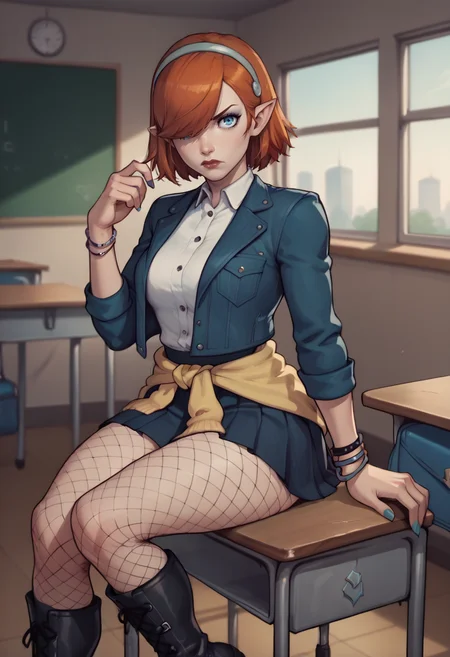 score_9, score_8_up, score_7_up, BREAK 1girl, sitting, looking at you, unamused, closed mouth, head on hand, <lora:GallicaMR-pdxl:1> gallicaMR, short hair, pointy ears, hairband, hair over one eye, nail polish, lipstick, clothes around waist, jacket, medium breasts, handbag, black pleated skirt, fishnet pantyhose, boots, bracelet, indoors, classroom