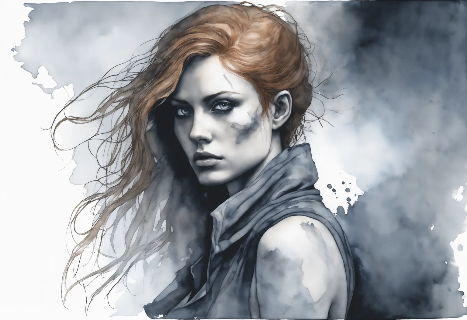 a watercolor painting of a female, side view.
Her (ginger undone hair:1.2) covers part of her beautiful face and bare chest, cold blue eyes. 

There is diffuse, misty and smoky atmosphere around her, giving the picture a menacing element. 
The picture is photographed in a monochromatic scheme, mainly with shades of black, white and gray.
(dystopian style, highly detailed, bleak, post-apocalyptic, somber, dramatic)

