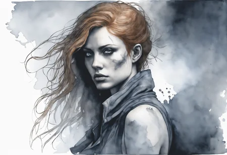 a watercolor painting of a female, side view.
Her (ginger undone hair:1.2) covers part of her beautiful face and bare chest, cold blue eyes. 

There is diffuse, misty and smoky atmosphere around her, giving the picture a menacing element. 
The picture is photographed in a monochromatic scheme, mainly with shades of black, white and gray.
(dystopian style, highly detailed, bleak, post-apocalyptic, somber, dramatic)
