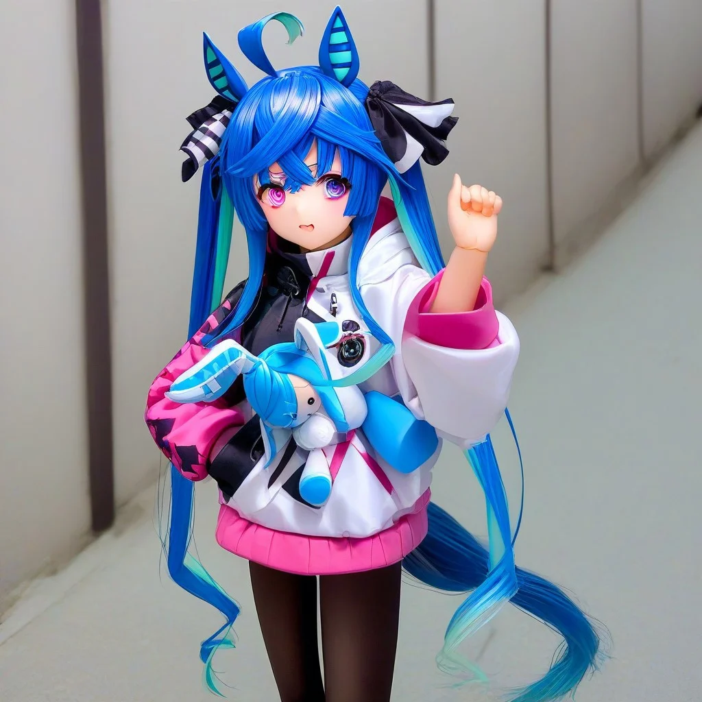 tw1nturb0, horse tail, two-tone hair, blue hair, aqua hair, ahoge, crossed bangs, twintails, hair ribbon, animal ears, heterochromia, purple eyes, blue eyes, @ @,multicolored coat, hooded coat, drawstring, long sleeves, black pantyhose, stuffed toy, stuffed rabbit,doll_style,doll
