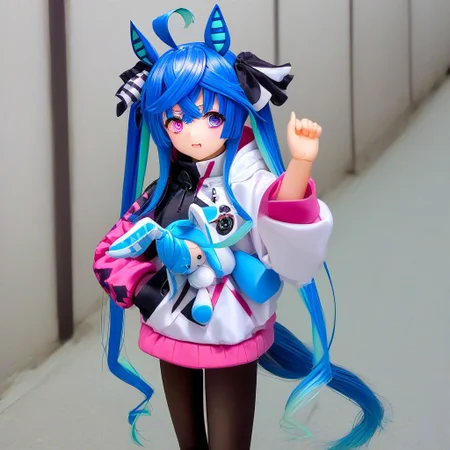 tw1nturb0, horse tail, two-tone hair, blue hair, aqua hair, ahoge, crossed bangs, twintails, hair ribbon, animal ears, heterochromia, purple eyes, blue eyes, @ @,multicolored coat, hooded coat, drawstring, long sleeves, black pantyhose, stuffed toy, stuffed rabbit,doll_style,doll