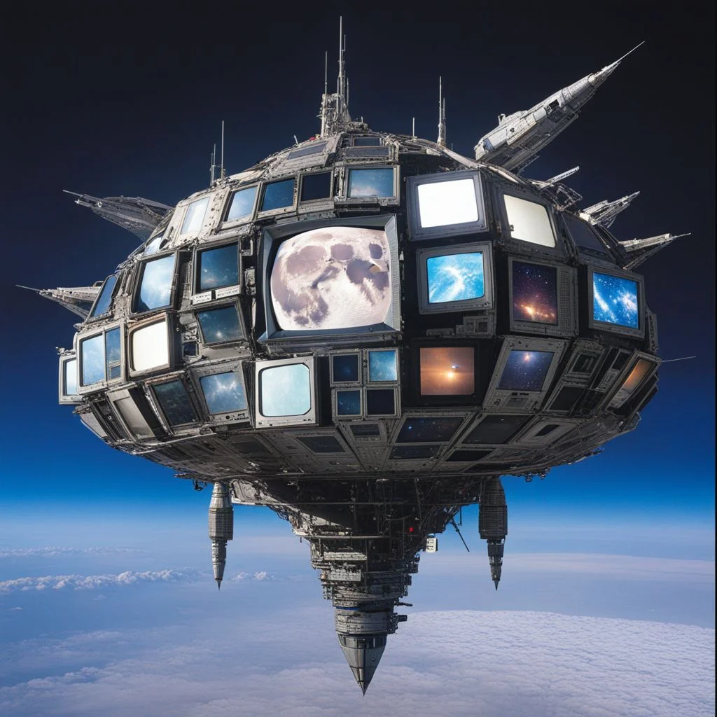 A photo a spaceship made out of old CRT screens flying above the moon <lora:Made_out_of_old_CRT_screens_-_SDXL_LoRA:0.8>