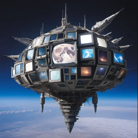 A photo a spaceship made out of old CRT screens flying above the moon <lora:Made_out_of_old_CRT_screens_-_SDXL_LoRA:0.8>