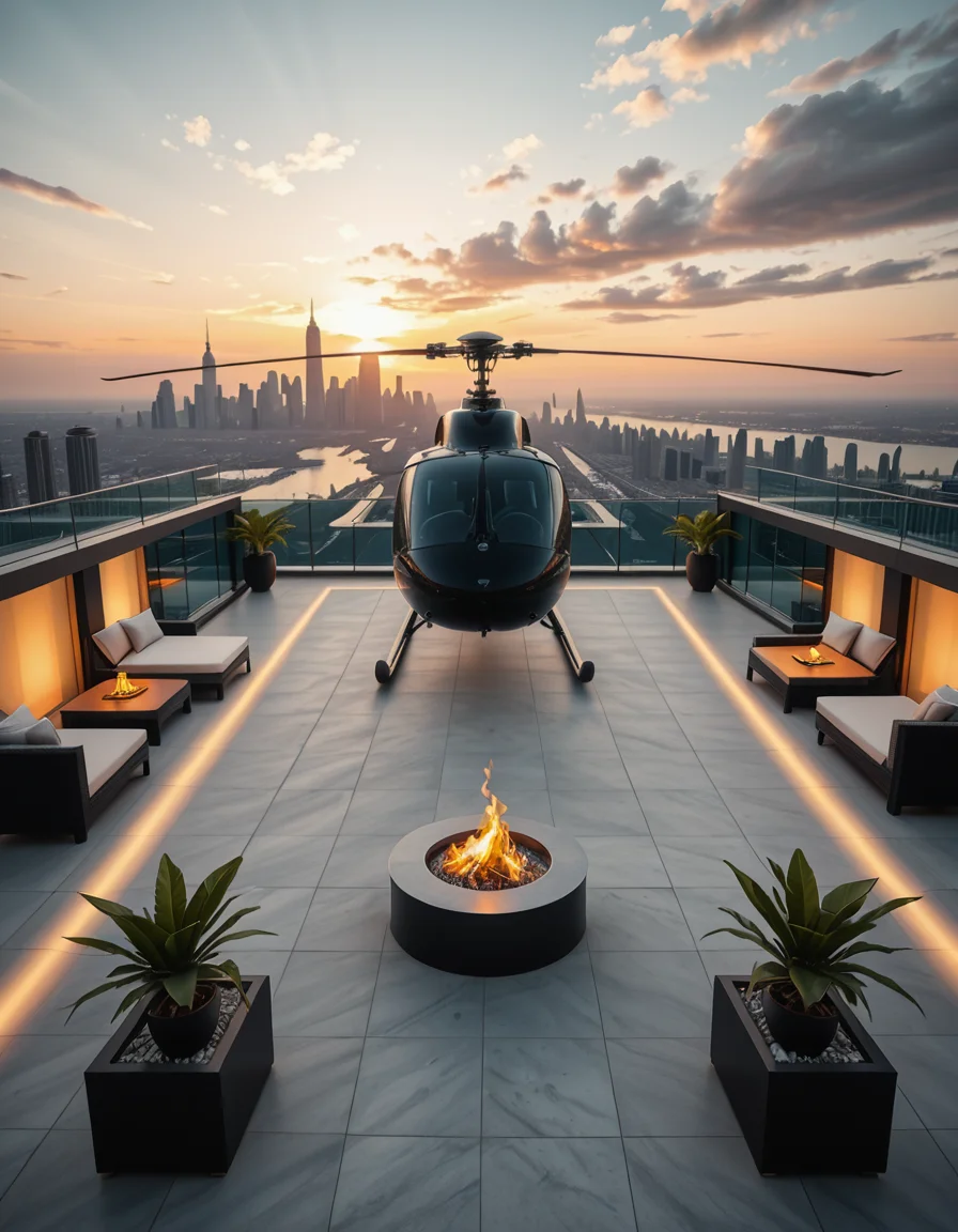 A high-resolution photo of a luxurious rooftop of a five-star hotel at sunset, featuring a sleek helipad with a high-end, matte-black private helicopter elegantly parked. The rooftop is designed with ultra-modern architecture, featuring a spacious terrace with infinity-edge glass railings, ambient lighting, and a panoramic city skyline in the background. The surface of the helipad is clean, polished concrete with clear illuminated markings. Surrounding the helipad, there are lounge areas with modern outdoor furniture, minimalist fire pits, and decorative planters with tropical greenery. The lighting is warm and golden, casting soft shadows and highlighting the contours of the helicopter and the textures of the rooftop. The sky is dramatic, painted with hues of orange, pink, and violet, creating a cinematic atmosphere of luxury and exclusivity. The overall mood is elite, calm, and aspirational, showcasing the ultimate in urban luxury lifestyle.
<lora:SDXLFaeTastic2400:0.4> <lora:extremely_detailed:0.4> extremely detailed,helipad r00ft0p <lora:helipad_r00ft0p-i:1>, Masterpiece,best quality,hi res,8k,hi res,8k,award winning,(sharp focus, intricate, highly detailed),