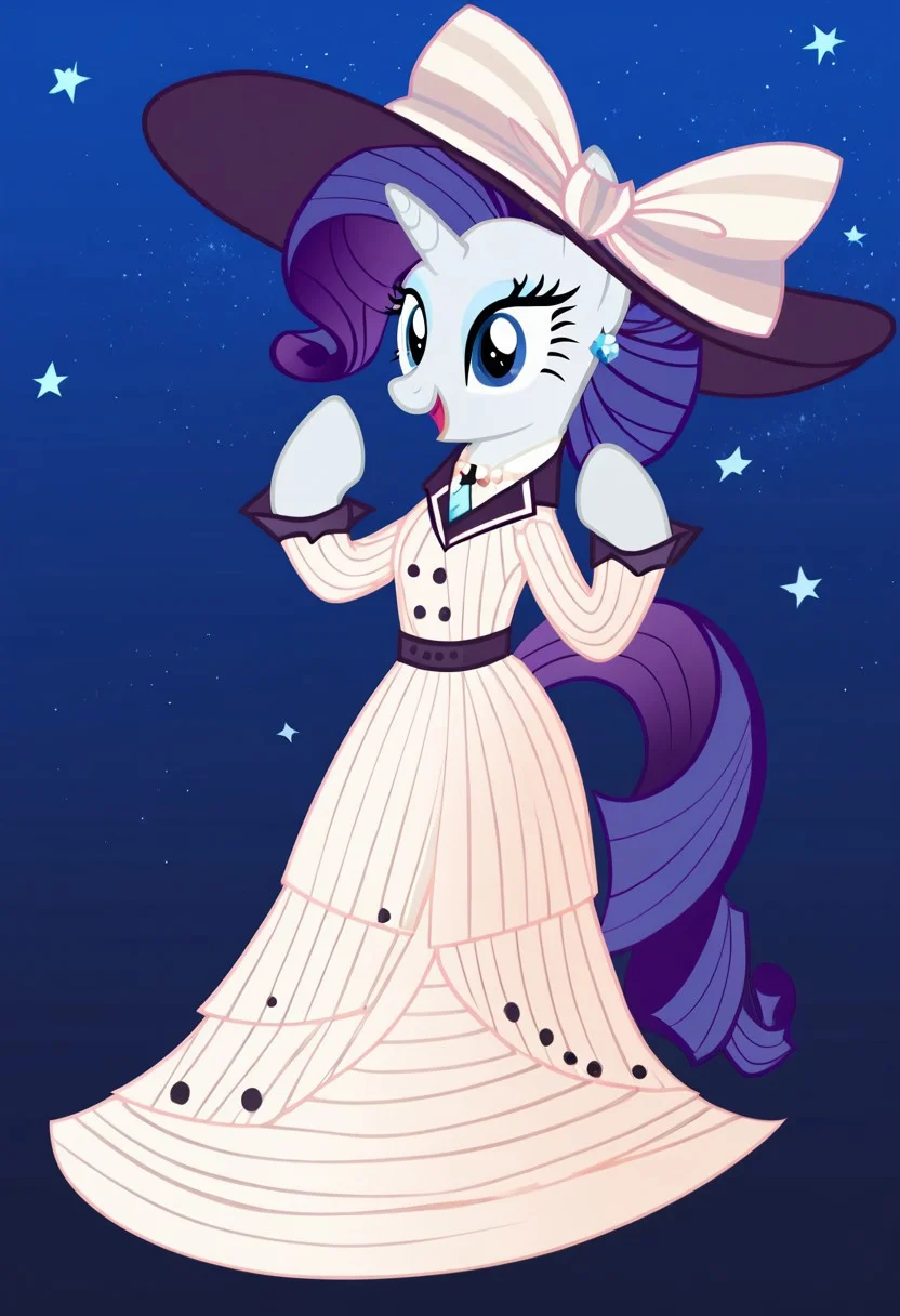 score_9,score_8_up,score_7_up,score_6_up,score_5_up,score_4_up,my little pony,((feral pony)),1girl,((solo)),(sexy),beautifully detailed,(detailed cute pony face),((detailed blue starry background:1.5)),((woman)),high angle,(cute smile:1),((up-close)) 1girl,((solo)),(sexy),full body,<lora:titanic:0.9>,Rarity,titanic,an elegant white striped dress with lilac details,a pink lilac hat with a wide brim decorated with a pink bow,earrings with blue stones,a pink tie with a blue crysta, heart-out-of-chest, HEARTBEAT BUSTY,
<lora:OtherStyle_01:1>,<lora:Wholesome_MLP-v1.0:1>,