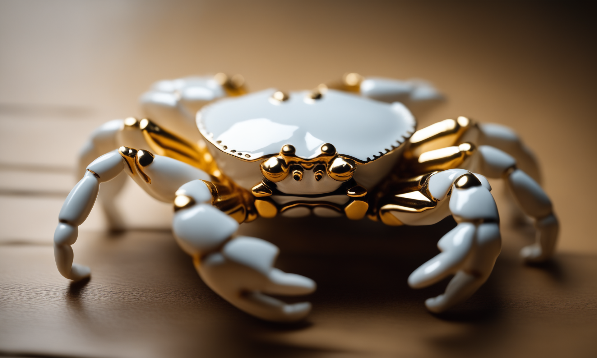 cinematic film still <lora:pcporcelaincd_xl-000006:0.7>,a handmade model toy of a crab made of (pcporcelaincd_xl,porcelain,white theme,gold lacquer,shiny:1.3) in office,no humans,long-focus,tilt-shift,indoors,full body,chinese zodiac,wooden table,cutie,cute,still life,animal statue,front view,facing viewer,looking at viewer . shallow depth of field, vignette, highly detailed, high budget, bokeh, cinemascope, moody, epic, gorgeous, film grain, grainy, 8K, HDR, UHD, masterpiece, best quality, highly detailed, high resolution, finely detail, extremely detailed, ultra detailed, wallpaper