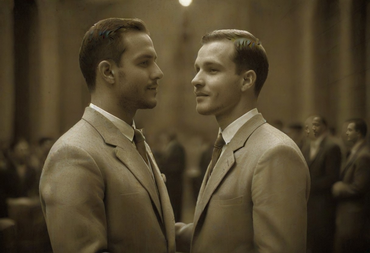 (((((A professional, hyper-realistic, ultra-high-resolution monochrome photo in deep AgedSepiaCE tones, resembling authentic 1930s vintage monochrome photography))))). (((((((The entire image is monochromatic sepia with no color))))))). two very happy smiling handsome gay african men marrying each other, dressed in white tuxedos, with dark lapel flowers and dark bow ties, getting married inside a grand Catholic cathedral. They are leaning in towards each other, romantic embrace. Both gazing into each others' eyes. ((((((The lighting and shadows reflect a soft, aged sepia hue, with a warm, nostalgic atmosphere typical of 1930s wedding photographs)))))). The photo has some signs of wear. on the edges and a couple of scratches.
