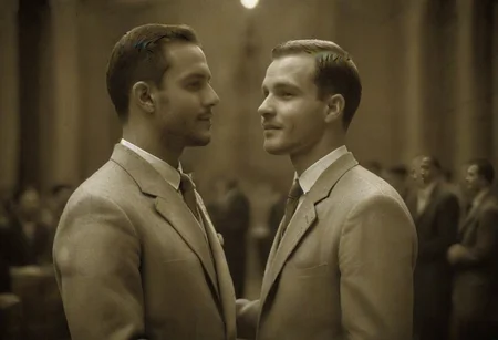 (((((A professional, hyper-realistic, ultra-high-resolution monochrome photo in deep AgedSepiaCE tones, resembling authentic 1930s vintage monochrome photography))))). (((((((The entire image is monochromatic sepia with no color))))))). two very happy smiling handsome gay african men marrying each other, dressed in white tuxedos, with dark lapel flowers and dark bow ties, getting married inside a grand Catholic cathedral. They are leaning in towards each other, romantic embrace. Both gazing into each others' eyes. ((((((The lighting and shadows reflect a soft, aged sepia hue, with a warm, nostalgic atmosphere typical of 1930s wedding photographs)))))). The photo has some signs of wear. on the edges and a couple of scratches.