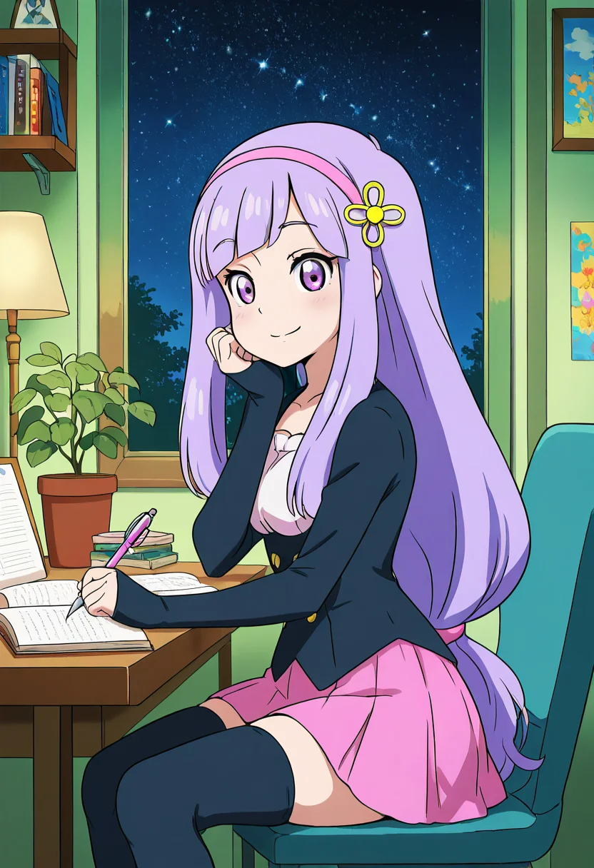 masterpiece, best quality, solo, curvy, beautiful eyes, narrow waist, wide hips, 1girl, solo, smile, looking at viewer, zzVioletta, purple eyes, purple hair, hair ornament, blunt bangs, long hair, low-tied long hair, pink hairband, jacket, sleeves past wrists, pink skirt, black thighhighs, zettai ryouiki, ,<lora:ViolettaByKurumiErika_IXL:1.0>, , zzLofi, sitting, side view, desk, chair, book, bookshelf, head rest, holding, holding pen, lamp, night, open book, pen, plant, potted plant, sky, star (sky), starry sky, window, windowsill, writing, <lora:LofiGirl_Style_IXL:0.8>,