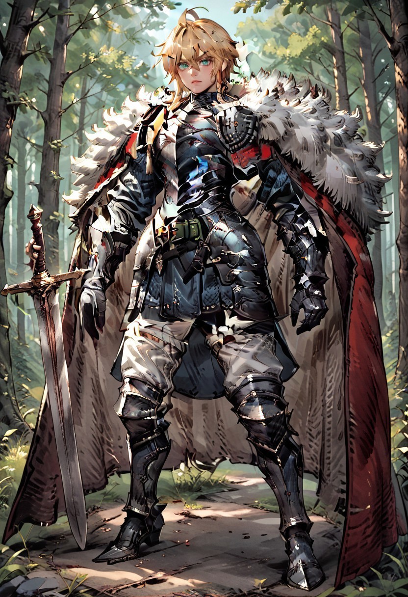 score_9, score_8_up, score_7_up,perfect eyes,hi_res,weapon solo sword cape blonde hair fur trim white background 1boy male focus holding weapon holding gauntlets greaves holding sword simple background breastplate green eyes belt full body ahoge gloves red cape blue eyes standing shoulder armor hair between eyes fur-trimmed cape braid regular_armor greaves montleo forest outside 