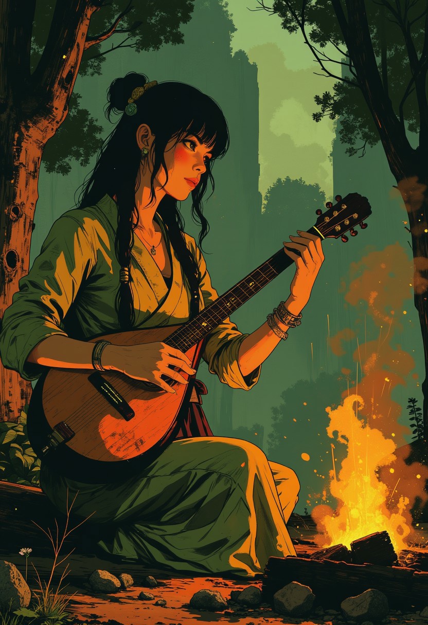 in the style of cksc,, Stunning Japanese woman (long hair, sidelocks, hair ornament, summer dress) sitting outside playing a lute, in a woodland clearing at night, by a wood fire, illuminated by the light of the fire.