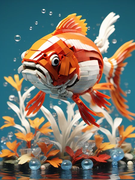 BJ_Lego_bricks, koi, water, blurry, pokemon_\(creature\), no_humans, animal, leaf, blue_background, robot, reflection, fish, bubble, underwater, goldfish, non-humanoid_robot, koi,
3D Model,8k,highly detailed,hdr,realistic,high definition,<lora:Lego_World_SDXL_v2:0.7>,