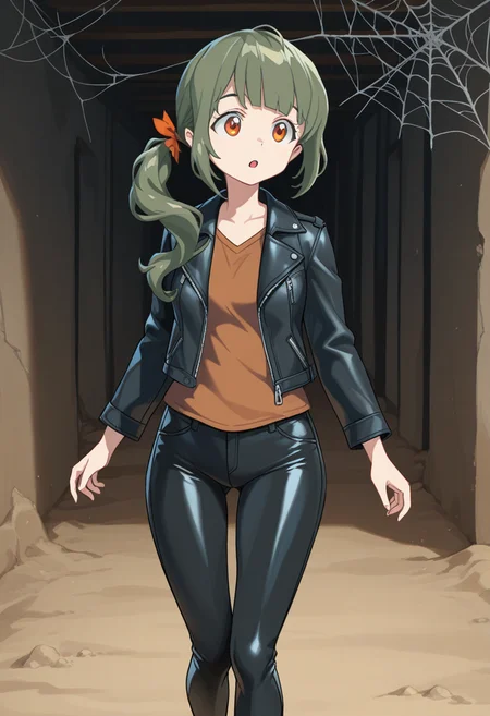 1girl, solo, lrheroine, green hair, side ponytail, long hair, blunt bangs, hair ribbon, orange eyes, cowboy hat, leather jacket, brown shirt, leather pants, indoors, tomb, sand, spider web, abandoned place, walking, :o