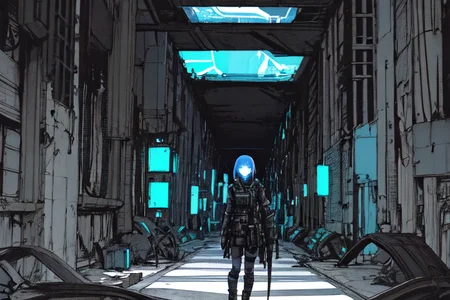 highly insanely detailed, masterpiece, top quality, best quality, highres, 4k, 8k, RAW photo, (very aesthetic, beautiful and aesthetic),
tsutomu nihei,nihei_tsutomu,blame!,blame gakuen!,abara,TNstyle,sidonia_no_kishi,(tunnel,city ruins),science fiction,open space,cyberpunk,dystopia,destroyed,biomachine,bioluminescence,empty,dark background,
<lora:blameLora_v10:1>,
(1girl:1.3),
solo focus,
iridescent blue background,red and black background,(colored confetti background),âââ