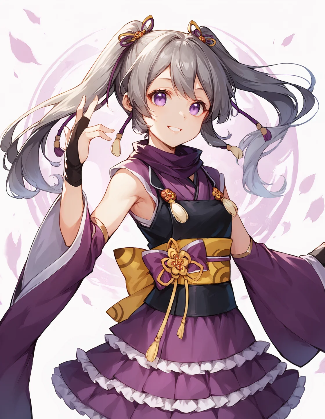 score_9, score_8_up, score_7_up, score_6_up, girl in dynamic pose in abstract background, source_anime, 1girl, masterpiece, best quality, cinematic lighting, upper body, medium shot, mgrctokimeshizuka, grey hair, purple eyes, two side up, yellow and purple hairpins, purple scarf, purple kimono, black breastplate, (purple layered skirt, white frills), yellow obi with purple bow, black gloves, purple detached sleeves, dynamic pose, hand outstretched, detailed hands, abstract background, smiling, <lora:mgrctokimeshizuka_XL:0.9>