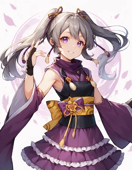 score_9, score_8_up, score_7_up, score_6_up, girl in dynamic pose in abstract background, source_anime, 1girl, masterpiece, best quality, cinematic lighting, upper body, medium shot, mgrctokimeshizuka, grey hair, purple eyes, two side up, yellow and purple hairpins, purple scarf, purple kimono, black breastplate, (purple layered skirt, white frills), yellow obi with purple bow, black gloves, purple detached sleeves, dynamic pose, hand outstretched, detailed hands, abstract background, smiling, <lora:mgrctokimeshizuka_XL:0.9>