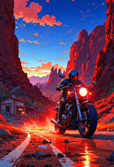 A fiery red glowing motorcycle speeds through a winding desert canyon at evening, kicking up a trail of dust. Towering red rock formations frame the landscape, glowing under the bright sun. A rider in a futuristic racing suit leans into a sharp turn, their helmet reflecting the endless blue sky. The road twists and turns ahead, with the distant outline of an old gas station on the horizon. The scene is energetic, thrilling, and full of bold, warm colors.