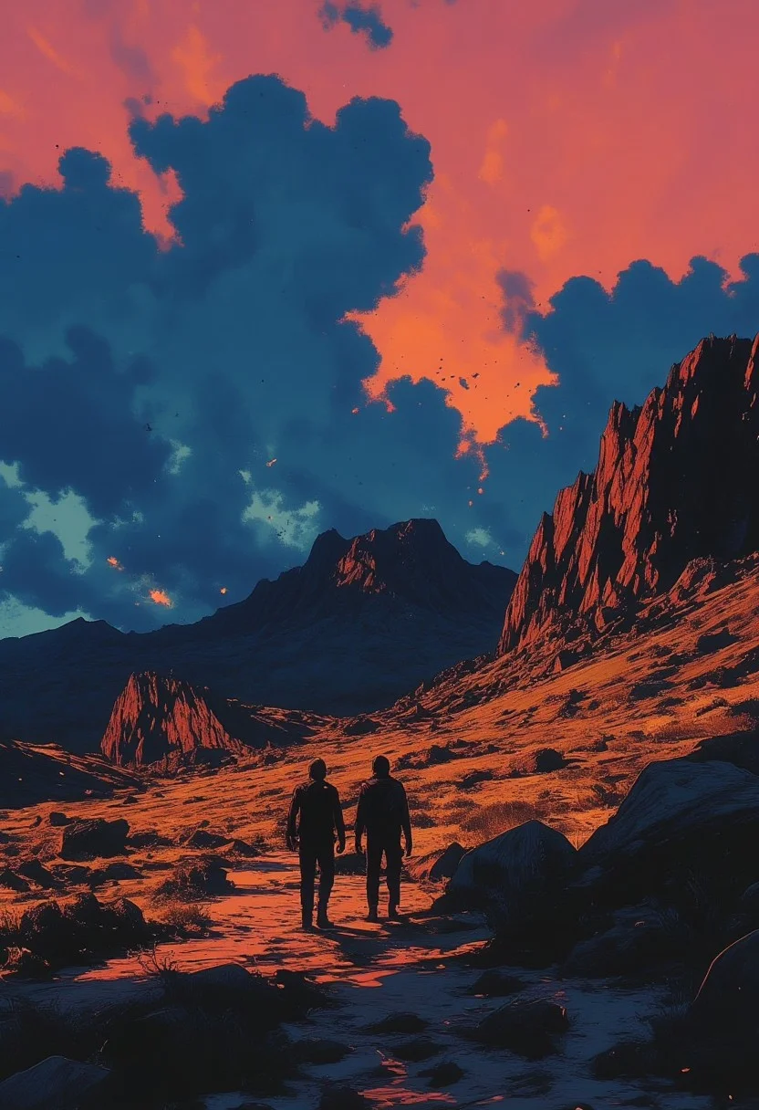 A surreal landscape set against a Negative-Positive Paradox, where shifting contrasts and inverted silhouettes cause forms to oscillate between presence and absence. Use contrasting cobalt blue and burnt orange to sharpen the illusion and blur the line between figure and ground.