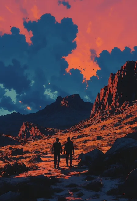 A surreal landscape set against a Negative-Positive Paradox, where shifting contrasts and inverted silhouettes cause forms to oscillate between presence and absence. Use contrasting cobalt blue and burnt orange to sharpen the illusion and blur the line between figure and ground.