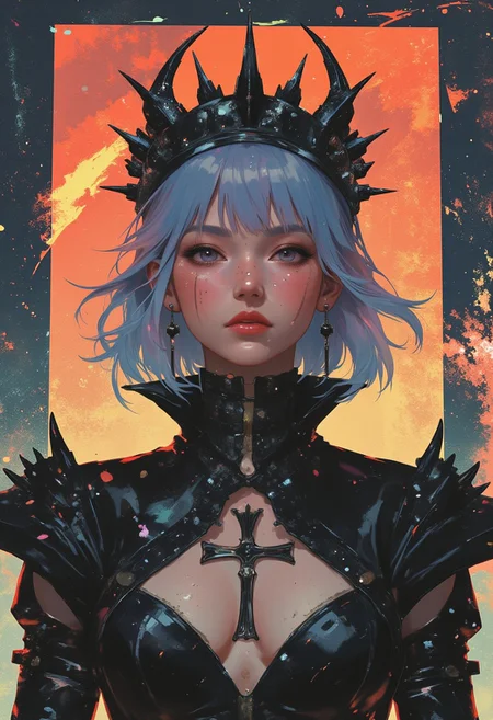 A highly detailed digital artwork, HD, 8K quality, ultra-detailed, masterpiece artwork, depicts a gothic, dark fantasy aesthetic centered on a young woman with pale skin and short, light blue hair styled in a sleek bob with sharp bangs. Her angular features, prominent cheekbones, slender nose, and dark red lips exude eerie elegance, while her piercing deep red eyes heighten her haunting, otherworldly presence. She wears a high-collared gown crafted from a shiny, leather-like material with intricate, spiked details on the shoulders and sleeves, giving her attire a gothic, armor-like sophistication. A large, ornate crown of jagged black spikes adorns her head, amplifying her regal yet foreboding aura. A prominent cross necklace rests against her chest, its religious motif adding a layer of mystique. Behind her, a rectangular frame of volcanic rock cracks emits glowing lava-colored light, casting fiery hues of orange, red, and yellow into the scene. The molten glow contrasts starkly with her dark attire and pale complexion, creating a dramatic interplay of light and shadow. Subtle, directional lighting accentuates the textures of her gown and crown, while the volcanic frame bathes her in an otherworldly radiance, blending gothic sophistication with an apocalyptic surrealism.