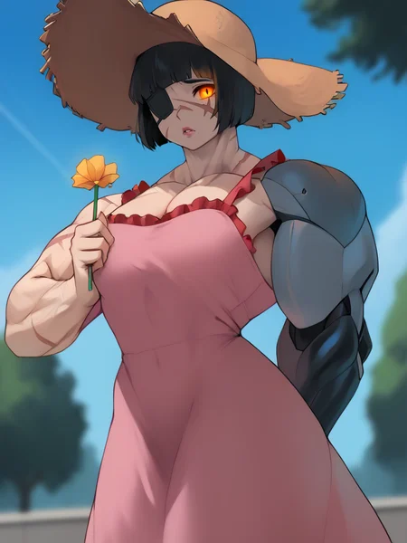 Score_9, score_8_up, score_7_up, score_6_up,,  upper body,  solo. cowboy shot, park backdrop, 1girl, from below, tomboy, bob cut, eyepatch, BREAK, muscular, (straw hat:1.3), frilled summer dress, pink dress, cleavage, BREAK, (mechanical parts, scars) BREAK, pursed lips,  pink lips, parted lips,sad, shy, holding self, looking at viewer. BREAK, huge arms, mechanical arm, one prosthetic arm, glowing eye, glowing parts,  <lora:cutesexyrobutts_style_xl_goofy:0.5> <lora:PicturdLycoXL:0.25>, veins,  <lora:MusctonkXL:1> <lora:yunimaru_style:0.5> <lora:Machina_Corruption_Omega_Processor_Pony_V2:0.5>, arm behind back, holding flower