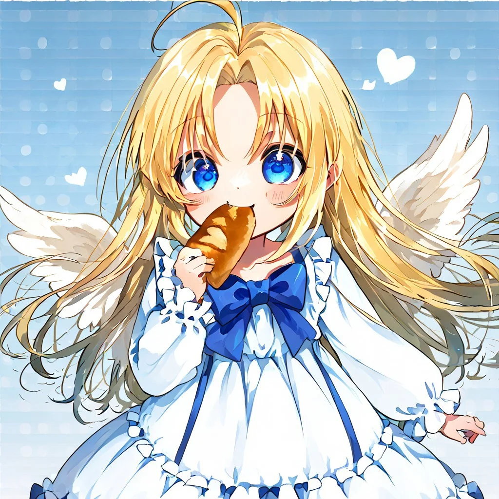 score_9, score_8_up, score_8, score_7_up,
1girl, solo, AEFilo, blue eyes, blonde hair, ahoge, long hair, white wings, blue bowtie, white dress, frilled dress, frilled sleeves, long sleeves, barefoot, polka dots background, smile, eating, bread, loaf, eating, close shot, cute girl, looking at viewer,
cute, kawaii, hearts,