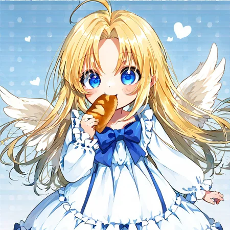 score_9, score_8_up, score_8, score_7_up, 
1girl, solo, AEFilo, blue eyes, blonde hair, ahoge, long hair, white wings, blue bowtie, white dress, frilled dress, frilled sleeves, long sleeves, barefoot, polka dots background, smile, eating, bread, loaf, eating, close shot, cute girl, looking at viewer,
cute, kawaii, hearts,