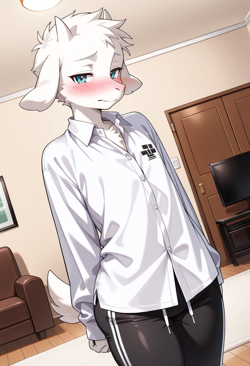 safe_pos, score_9, score_8_up, score_7_up, score_6_up, score_5_up, score_4_up, perfect art style, male, solo), (source_furry, furry, anthro), ram, goat, (((long snout))), (athletic), (((flat chest))), (((thick thighs, massive butt))), fluffy tail, white dress shirt, black pants, sweatpants, indoors, living room, (((night))), standing, upper body, looking at viewer, front view, right angle, dynamic angle, shy expression, blushing, embarrassed, narrowed eyes, closed mouth, 