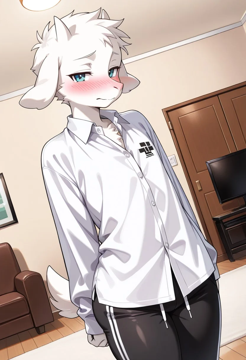 safe_pos, score_9, score_8_up, score_7_up, score_6_up, score_5_up, score_4_up, perfect art style, male, solo), (source_furry, furry, anthro), ram, goat, (((long snout))), (athletic), (((flat chest))), (((thick thighs, massive butt))), fluffy tail, white dress shirt, black pants, sweatpants, indoors, living room, (((night))), standing, upper body, looking at viewer, front view, right angle, dynamic angle, shy expression, blushing, embarrassed, narrowed eyes, closed mouth,