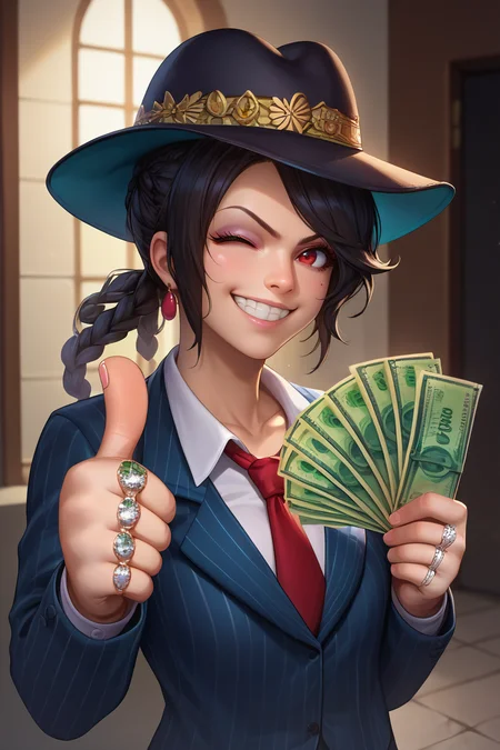 score_9, score_8_up, score_7_up, BREAK,  <lora:gangstersb-guy-PONYv1:1>, gangstersb, thumbs up, one eye closed, grin, smile, money, holding money, portrait, cropped torso, ring, formal, hat, necktie, suit, striped,  <lora:LuluX_XLPD:0.95> LuluX, red eyes, black hair, collarbone,