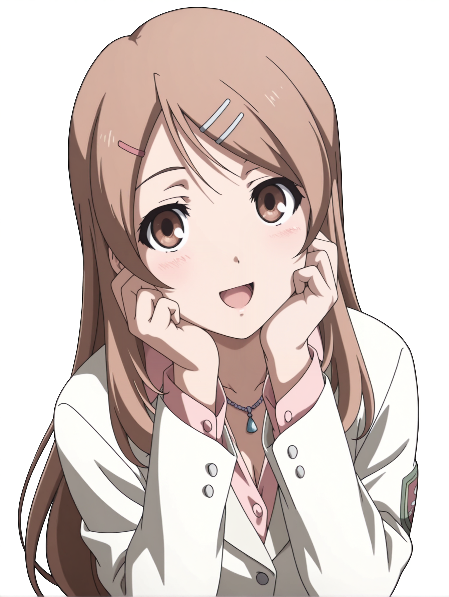 masterpiece,best quality,newest,
1girl,solo,
anime screencap,<lora:sakurai_yukino_ilxl_v1.0:1>,brown hair,brown eyes,long hair,
y_clothes,necklace,uniform,white jacket,shirt,
<lora:Fixhands_anime_bdsqlsz_V1:1>,looking_at_viewer,(white_background:1.2),simple_background,upper_body,hands on own cheeks,:d,light_blush,blush,standing,